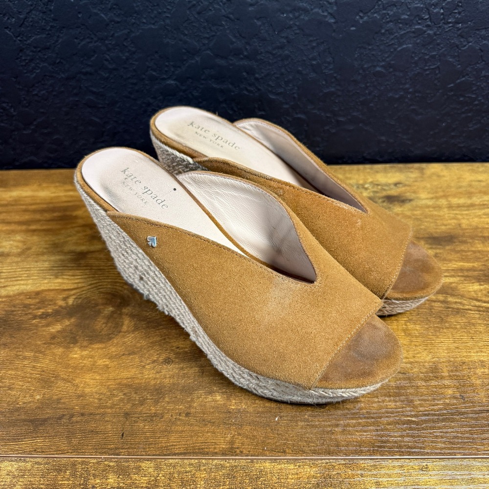 Kate Spade Suede Espadrille Wedge‎ Tan Suede Mule Sandals Womens Size 7.5